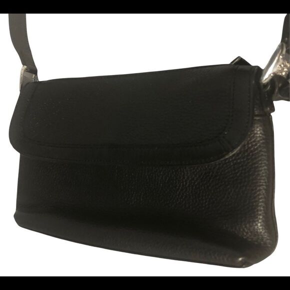 Stylish Small Black Leather Brighton Shoulder Bag with Patent Trim. NWOT - Picture 2 of 12